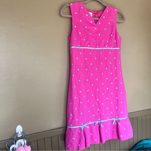 Talbots Kids Linen Blend Pink Polka Dot Bow Sleeveless Dress 16 - Picture 2 of 7